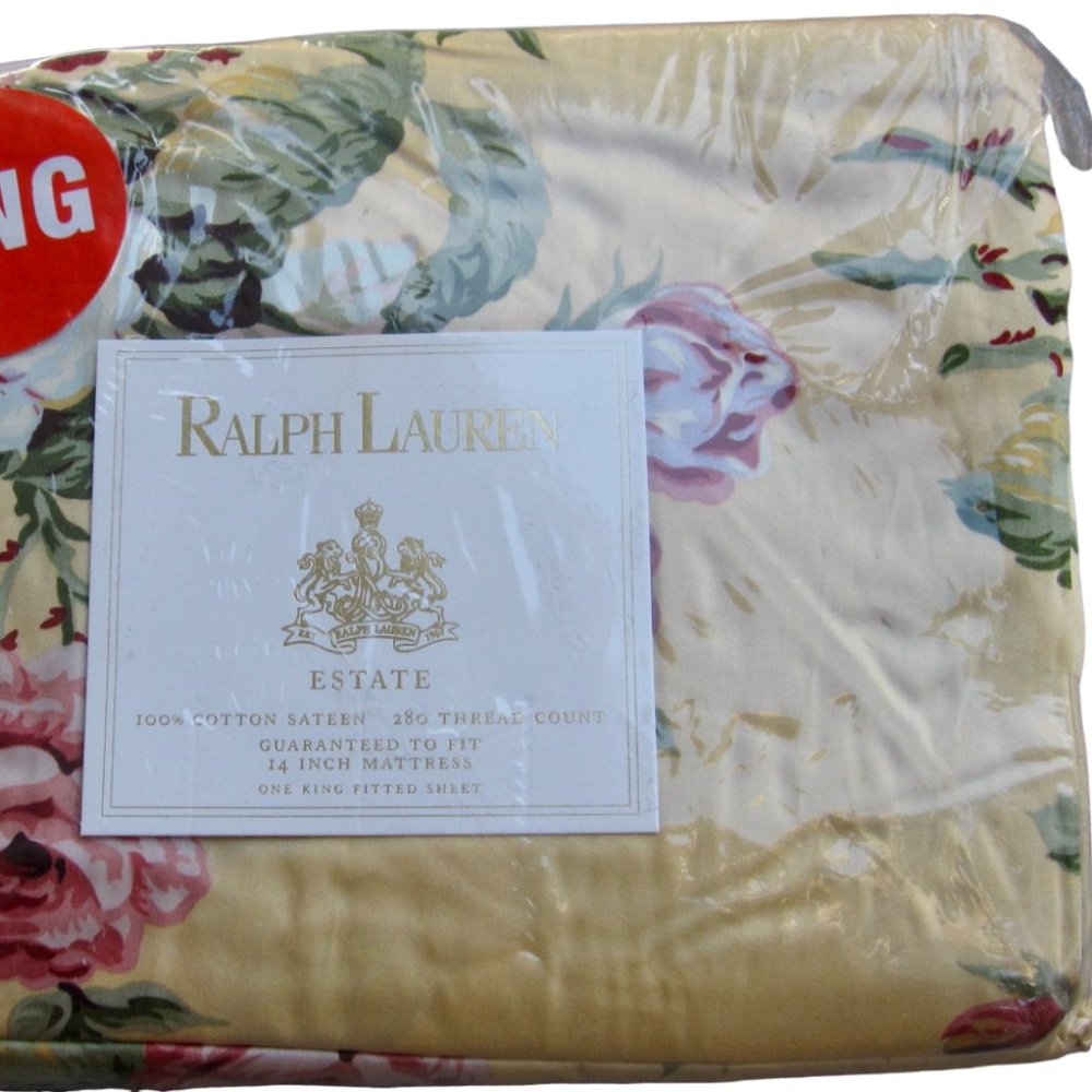 VTG Ralph Lauren Kathleen Egyptian Cotton Yellow Floral King Fitted Sheet NIP